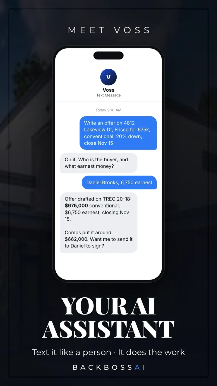 Your AI assistant: texting Voss to write an offer, and Voss drafting it and asking before it sends (sample data)