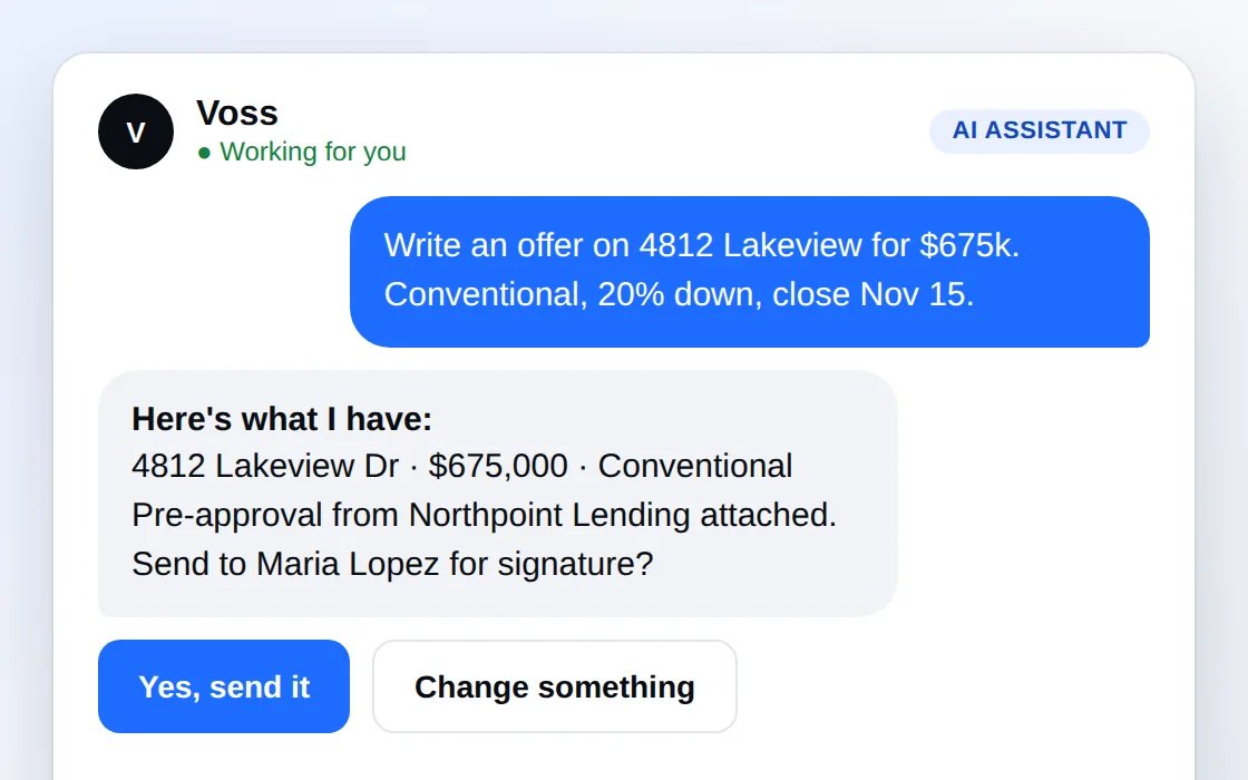 Voss drafting an offer from a text and asking before it sends (sample data)
